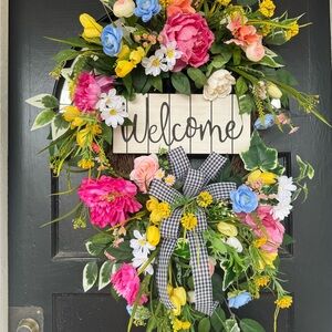 Floral Welcome Wreath with Pink and Yellow Accents